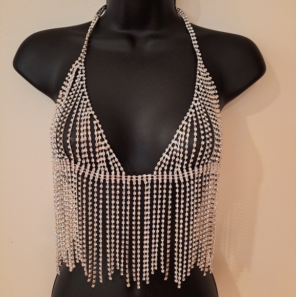 Natasha Silver Rhinestone Chain Bralette - Picture 1 of 7